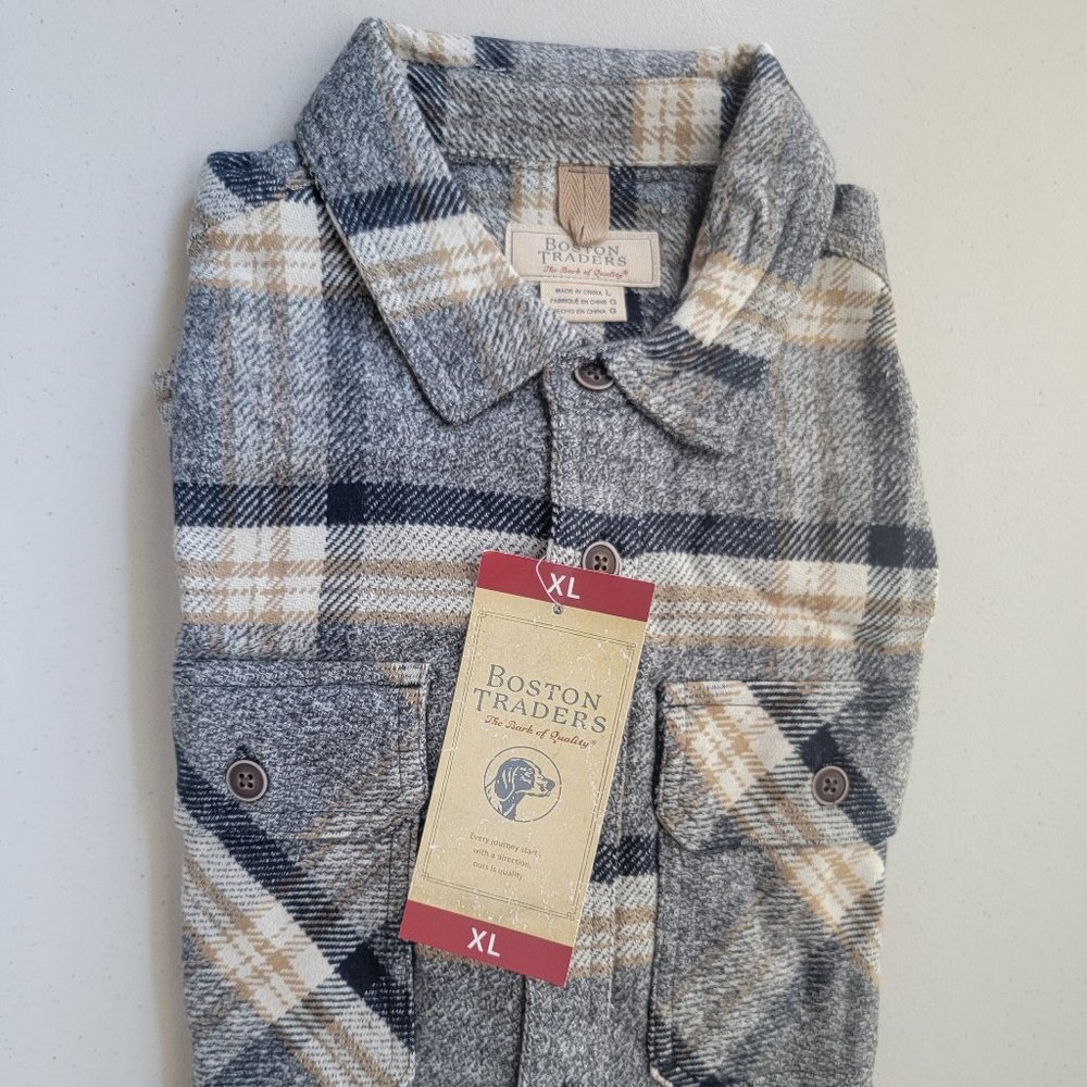 NEW - Boston Traders Men's Flannel Shirt Grey Plaid/Size XL